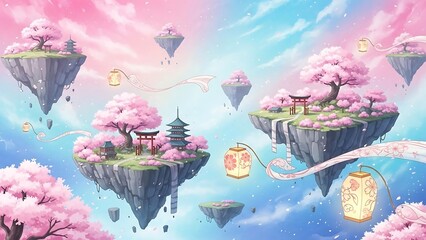 Floating Islands with Pink Cherry Blossoms.