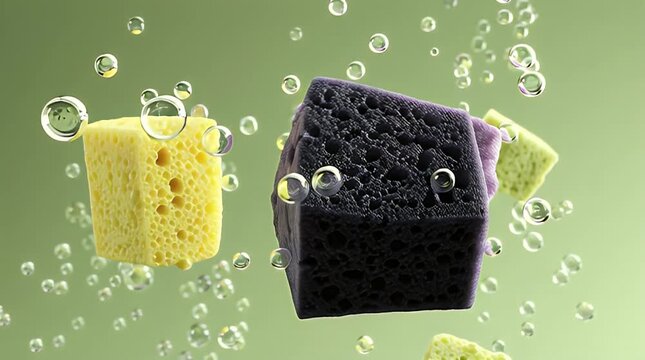 Square colored sponges float with bubbles on a light green background in a macro image with shallow depth of field
