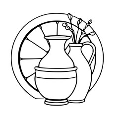 ​​​Pottery wheel and vase, black line art, white b