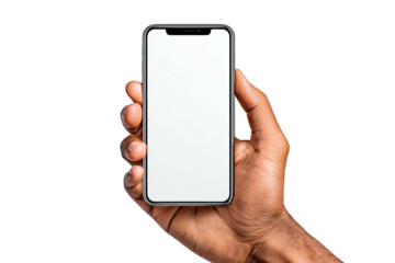 A dark-skinned hand holding a smartphone with a blank white screen, isolated on black