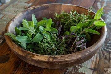 Fresh herbs like sage, thyme, mint, and oregano sit in a wooden bowl, ready for culinary use