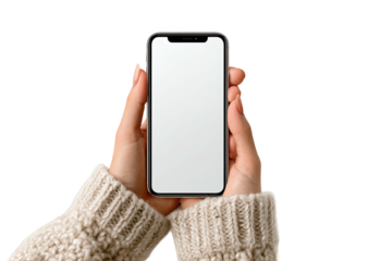 Two hands hold a blank phone screen, wearing a beige knitted sweater, black background