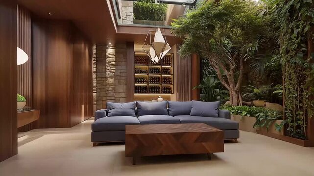Stylish contemporary living room interior featuring a comfortable sofa, rich wooden textures, and vibrant indoor plants, creating a luxurious biophilic ambiance