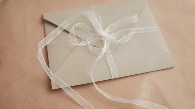 Sage green cardboard envelope with white transparent lace ribbon and a bow. Holiday, birthday, Christmas or wedding elegant greeting card, invitation, gift card or present.