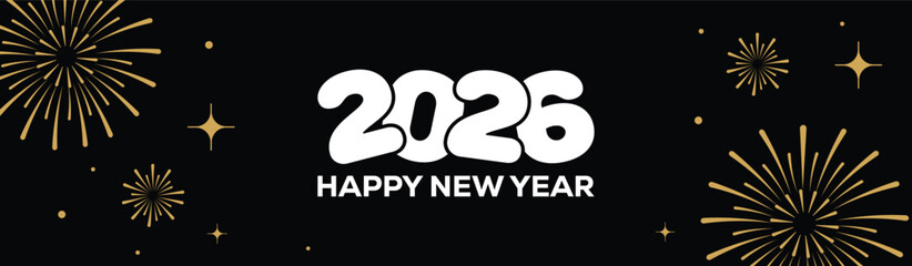 Festive black banner with bold white 2025 Happy New Year typography, surrounded by elegant golden fireworks and sparkling stars, perfect for holiday greetings, celebrations, party invitations. © bibin