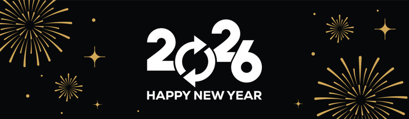 Festive black banner with bold white 2025 Happy New Year typography, surrounded by elegant golden fireworks and sparkling stars, perfect for holiday greetings, celebrations, party invitations. © bibin