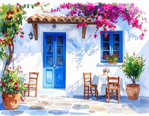 hand drawn watercolor painting of Greek restaurant. Architectural painting with buil