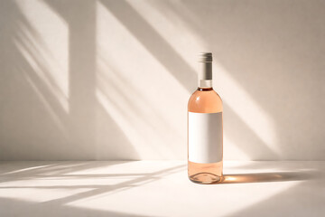 Rose wine bottle with blank white label placed on a table with beautiful natural window leaf shadows for elegant beverage branding and marketing design mockup