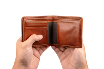 A pair of hands holding open a brown leather wallet against a plain black background