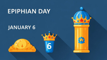 Epiphany Day illustration with golden crown icons and column January 6th celebration concept flat design vector graphic on blue background