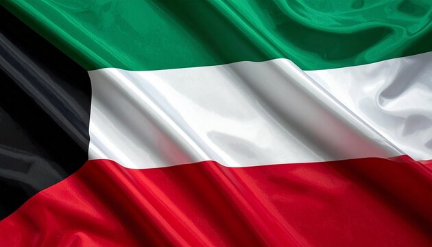 National flag of Kuwait with green, white, and red stripes and black trapezoid on the left.