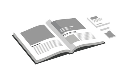 Open book or magazine with textual content and visual elements, complemented by smaller stacked papers, representing publishing, education, and information dissemination.