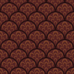 ​Description: Decorative golden-brown pattern with arched rainbow scales, dotted borders, and central abstract leaf motifs in warm earthy tones.