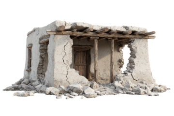Ruined structure, weathered, with cracked walls, missing sections, and a crumbling facade