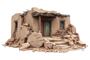 Adobe-style dwelling with weathered features, partially collapsed, featuring a front door and stone debris