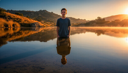 Naklejka premium Young man standing in calm lake with mirror reflection at golden hour sunset