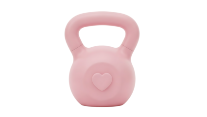 A pink kettlebell with a heart design sits on a white background for fitness.