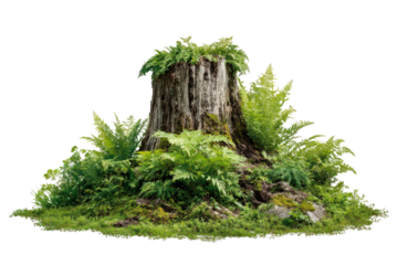 Tree stump covered in lush green ferns and moss against a transparent background