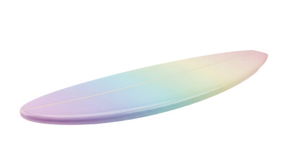 A rainbow-colored surfboard lies on a white background without any background.