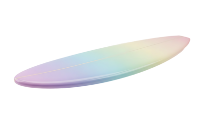 A rainbow-colored surfboard lies on a white background without any background.