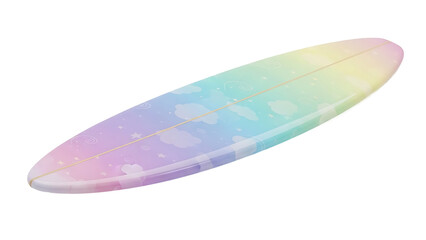 A colorful surfboard with clouds and stars lies on a white background  (390)_no-bg