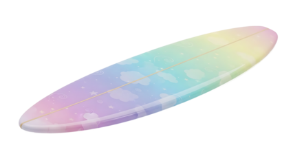 A colorful surfboard with clouds and stars lies on a white background  (390)_no-bg