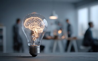 Creativity brainstorming concept with a glowing light bulb with a brain inside with workers blurred in background working for new ideas. High quality. High quality