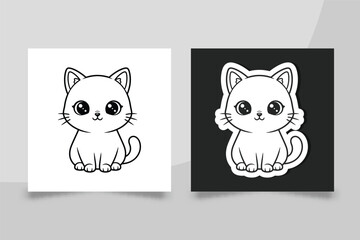 Cute Baby Cat Line Art Sticker Set for Kids Coloring Pages and Minimalist Kitten Character Design Vector Illustration