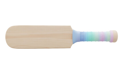 A wooden rolling pin with a colorful handle lies on a plain white background.