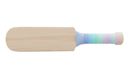 A wooden rolling pin with a colorful handle lies on a plain white background.
