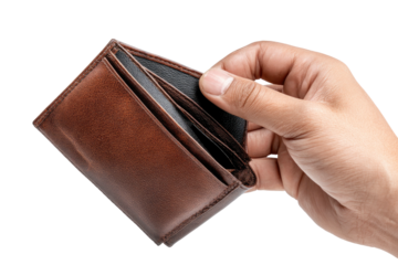 A hand holding a brown leather wallet, open, revealing interior compartments on black background