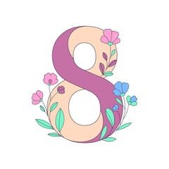 Large number eight decorated with flowers on a white background for celebration concept