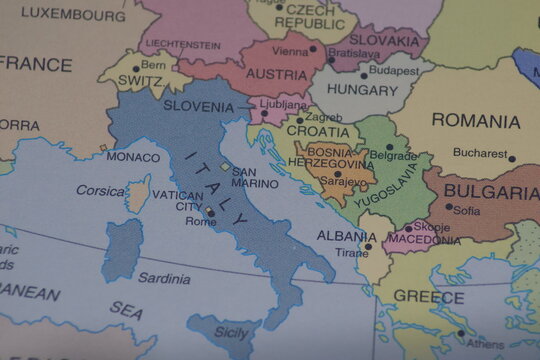 Vintage map closing up on Italy and former Yugoslavia region. Historical geography concept showing Balkans political borders before breakup suitable for history education and documentaries