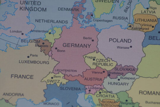 Close-up Political Map of Central Europe Featuring Germany Poland Czech Republic Austria Slovakia and Hungary with Capital Cities Borders and Labels for Educational Geography and Geopolitical News