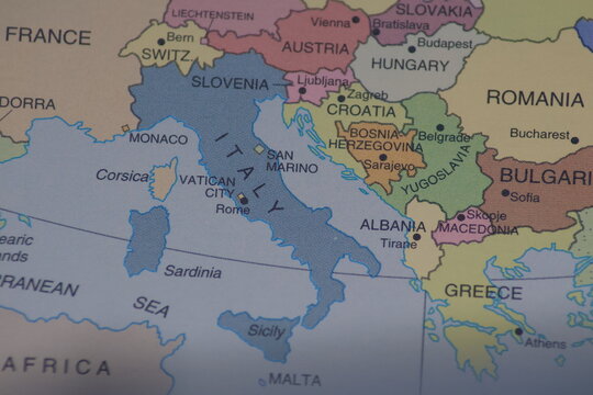 Vintage map closing up on Italy and former Yugoslavia region. Historical geography concept showing Balkans political borders before breakup suitable for history education and documentaries