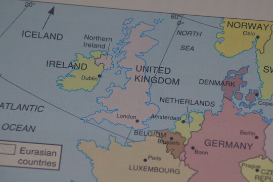 United Kingdom and Ireland on political map including London and Dublin. Concept for Brexit aftermath british economy travel across the English Channel and northern european geography