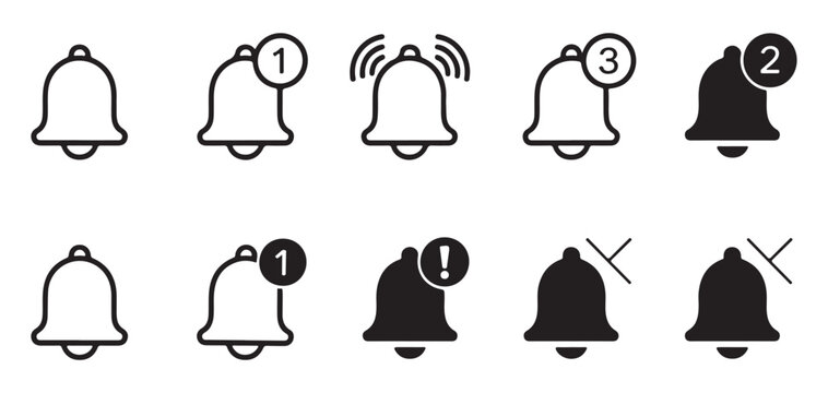 Collection of bell notification icons in outline and filled styles with badges and alerts
