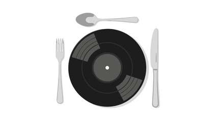 Unique music-themed dining experience featuring a classic vinyl record as a plate, flanked by a fork, knife, and spoon in a creative place setting.