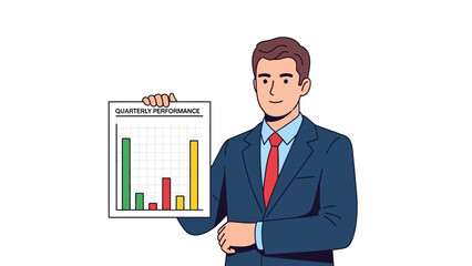 Fototapeta premium A professional man in a suit presents a quarterly performance report with a bar chart.