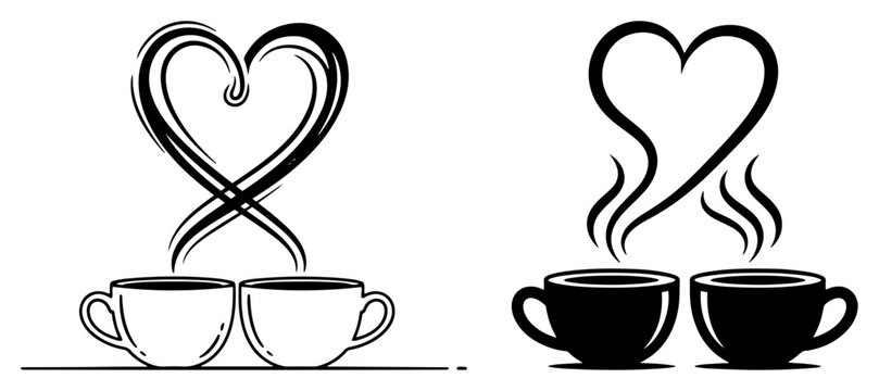 Two coffee cups with steam heart shape vector illustration set outline and silhouette style