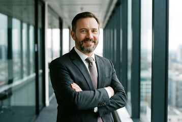 a professional businessman with a warm smile stands confidently in a modern office hallway with a city view high quality detailed