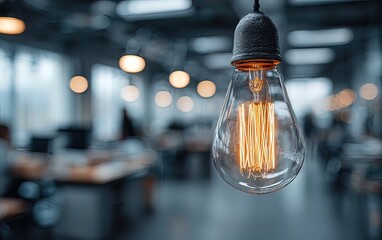 Modern office with an Edison bulb and blurred people for a teamwork concept. High quality. High quality. High quality