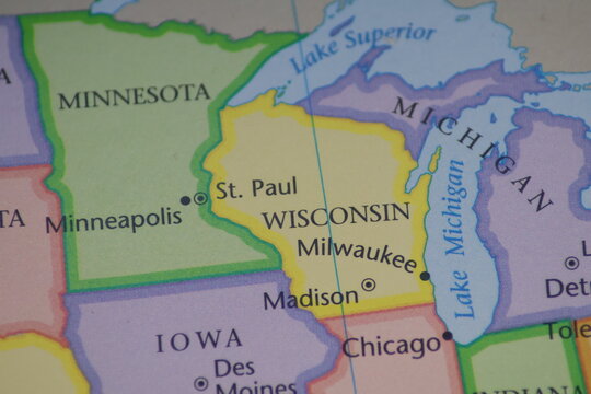 Wisconsin State on United States Map - Close Up of Milwaukee Madison and Great Lakes Region Geography for Travel Planning