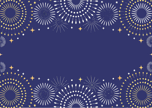 A festive dark blue background with white and gold firework illustrations