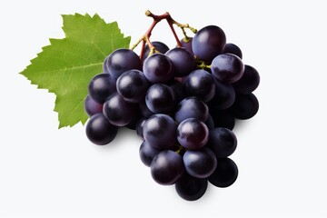 Fototapeta premium Close up of ripe black seedless grapes with green leaf, showcasing freshness and vibrant color on a clean white backdrop