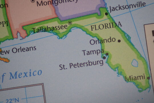 Florida US State on Close-up Macro Map with Miami Orlando and Tampa Cities - Travel Geography and Political Concept of Southeastern United States Destination