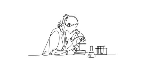 Continuous line drawing of a female researcher conducting an experiment in a laboratory isolated on transparent background