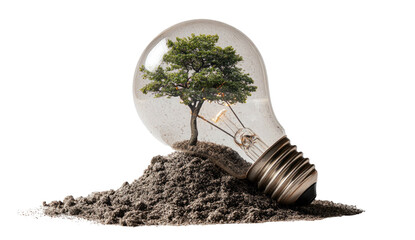 A tree grows within a lightbulb, nestled in soil against a black background