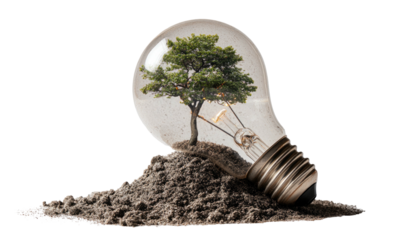 A tree grows within a lightbulb, nestled in soil against a black background