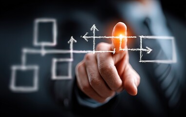 A closeup of a businessman pointing at a strategic planning icon. High quality. High quality. High quality